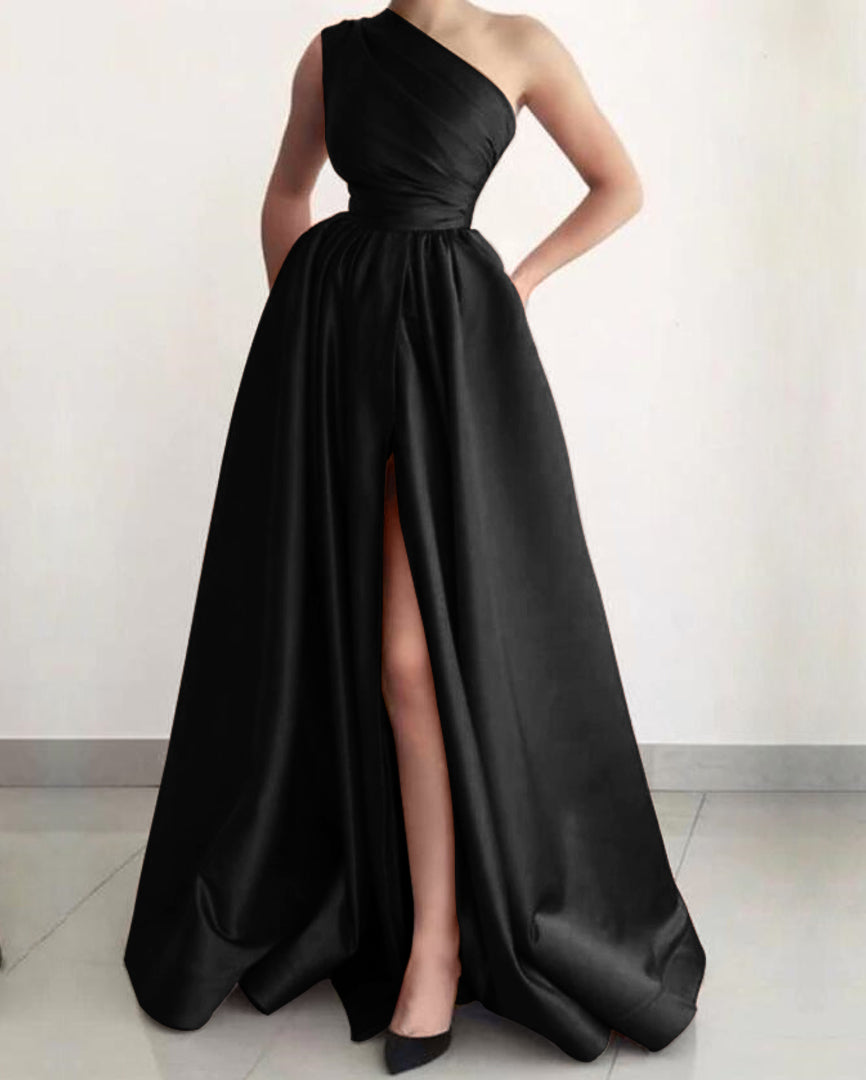 Burnt Orange A-Line Split Elegant Prom Dress with One Shoulder and Pockets | Ballbella