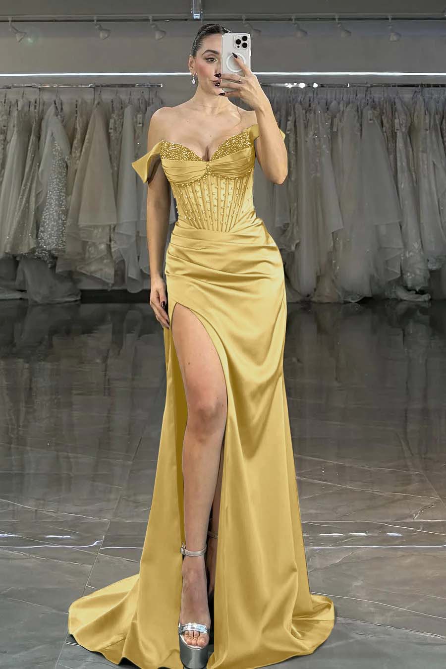Charming Dark Green Satin Off-the-Shoulder Strapless Prom Dress with Beadings | Ballbella