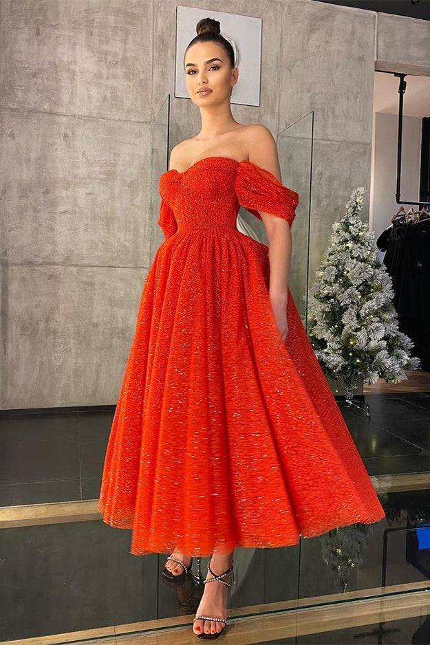 Off-the-Shoulder Red Prom Dress with Sequins | Ballbella