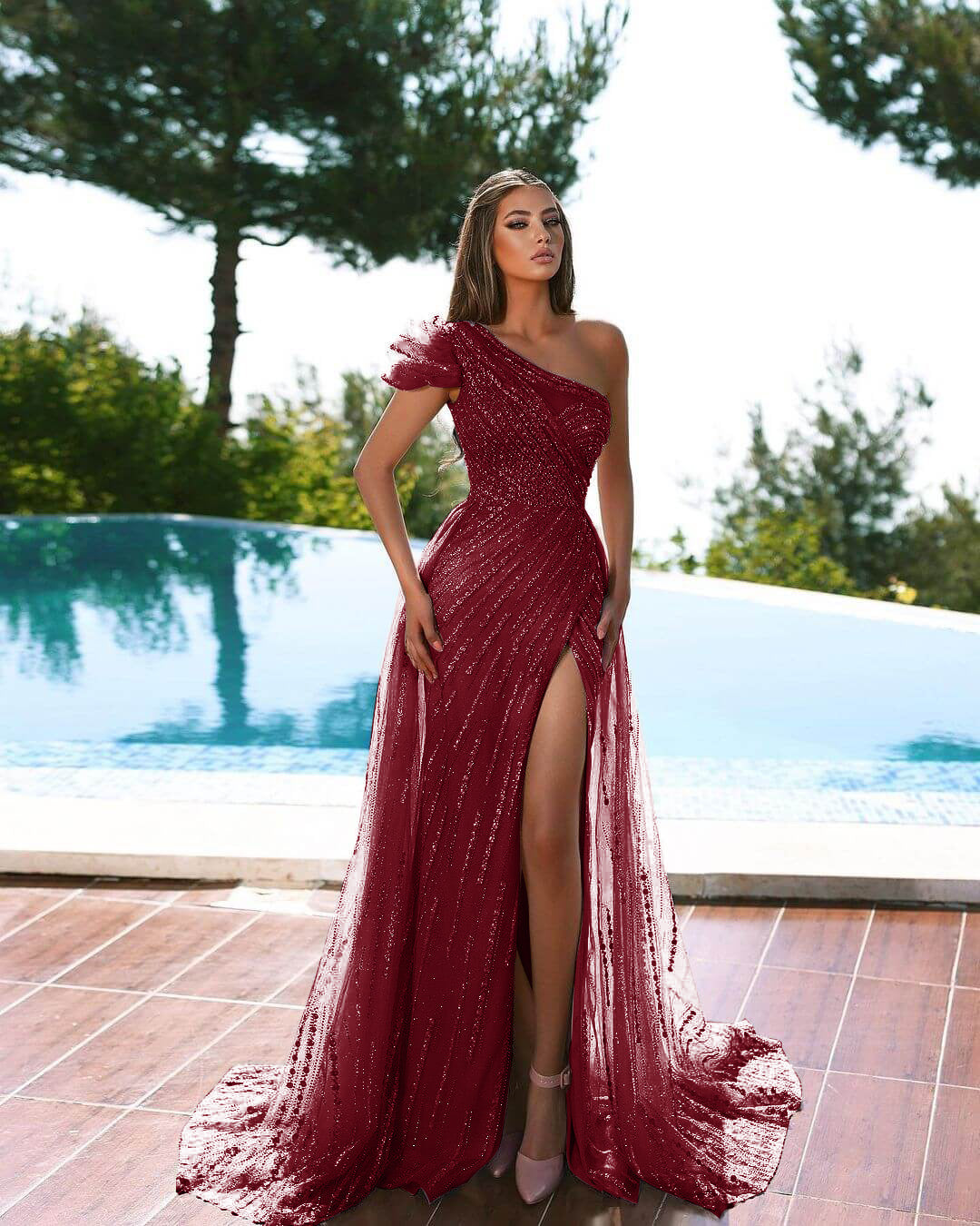 Modest Cap Sleeve Mermaid One-Shoulder Evening Dress with Tulle Long Slit and Beadings | Ballbella