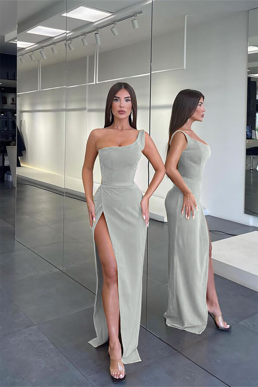Glamorous One-Shoulder Sleeveless Long Mermaid Evening Dress with Slit | Ballbella