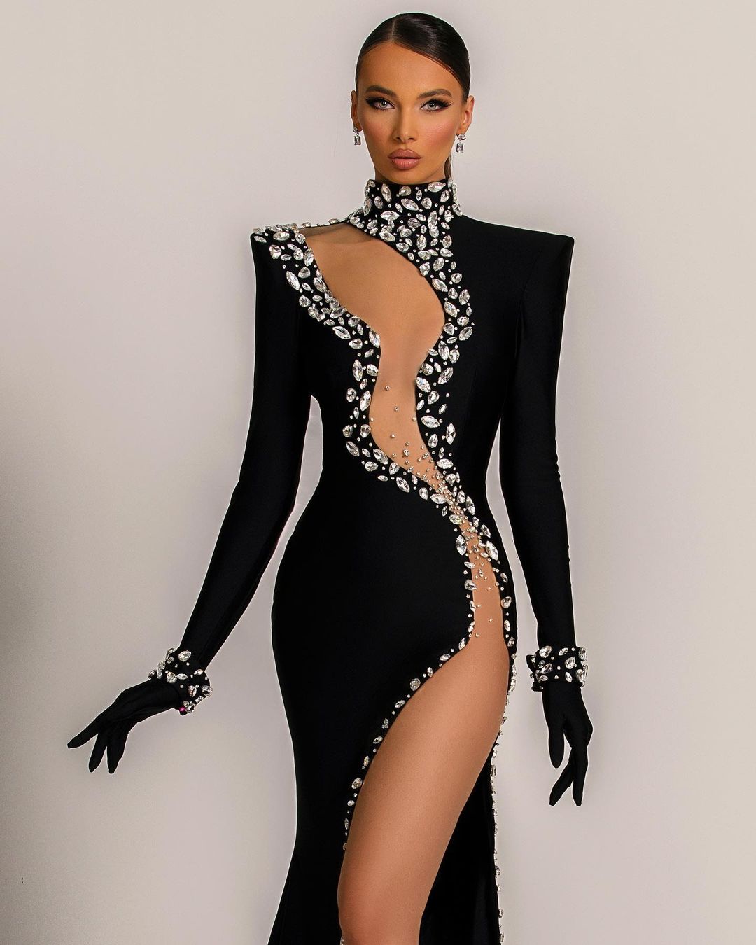 Chic Black Beaded High Neck Mermaid Long Prom Dress with Slit | Ballbella