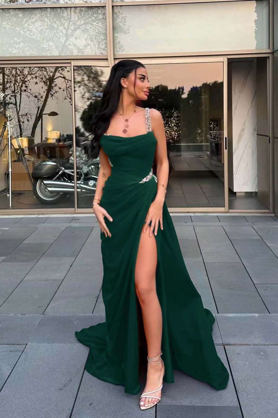 Stunning Red Satin Spaghetti Strap Sleeveless Long Prom Dress with Beadings | Ballbella