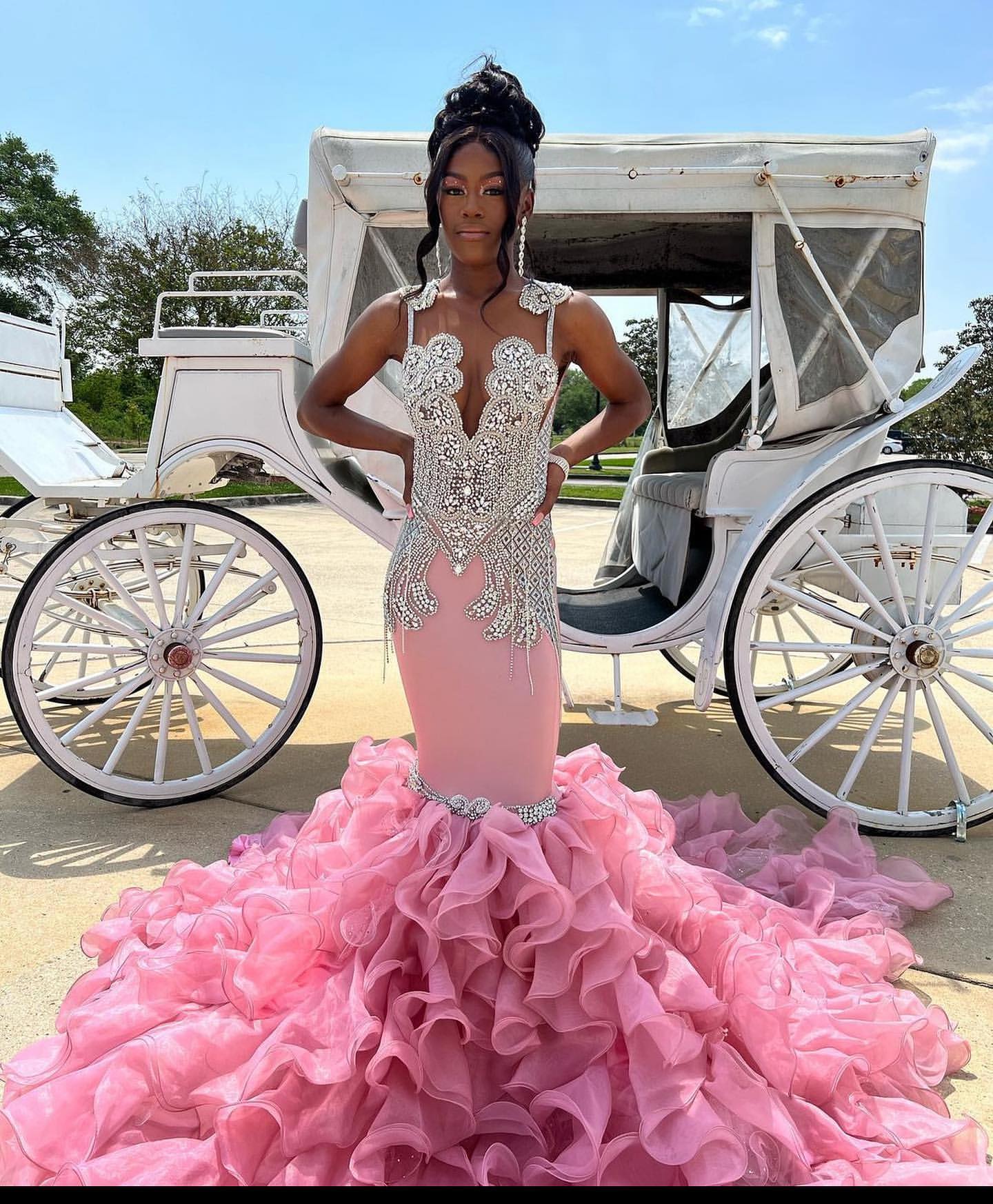 Stylish Pink Silver Appliques Beaded Evening Dress with Layers | Ballbella