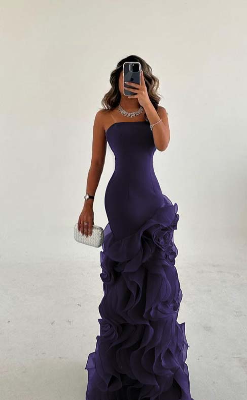 Amazing Dusty Blue Satin Strapless Prom Dress with Ruffles | Ballbella