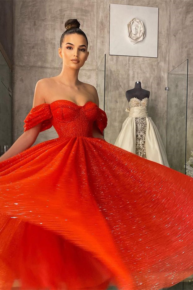 Off-the-Shoulder Red Prom Dress with Sequins | Ballbella
