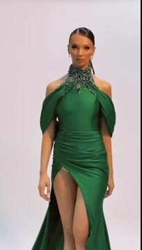 Vintage Green Mermaid Halter Split Evening Dress with Beadings | Ballbella