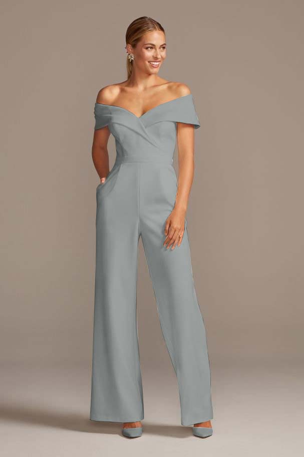 White Cuffed Off-the-Shoulder Stretch Crepe Jumpsuit | Ballbella