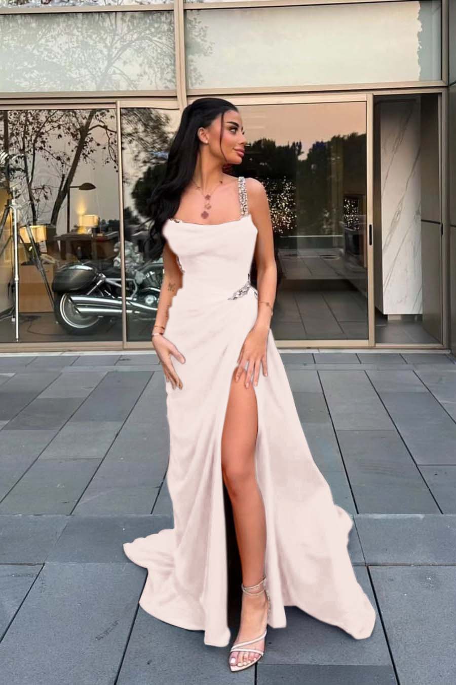 Stunning Red Satin Spaghetti Strap Sleeveless Long Prom Dress with Beadings | Ballbella