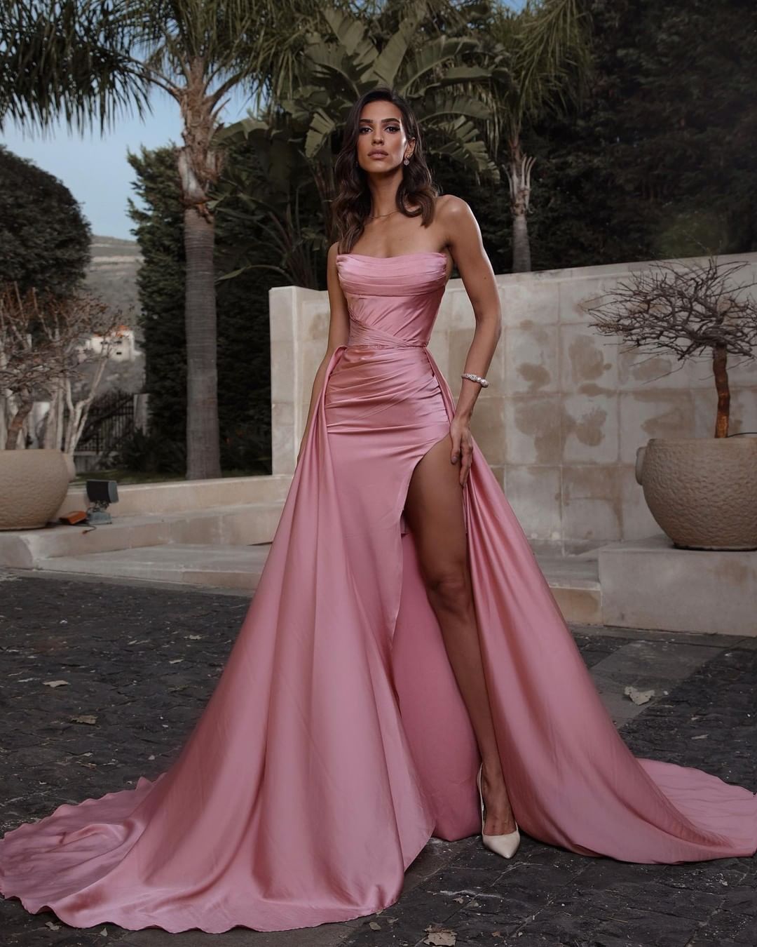 Pink Strapless Slit Sleeveless Prom Dress with Detachable Skirt | Ballbella