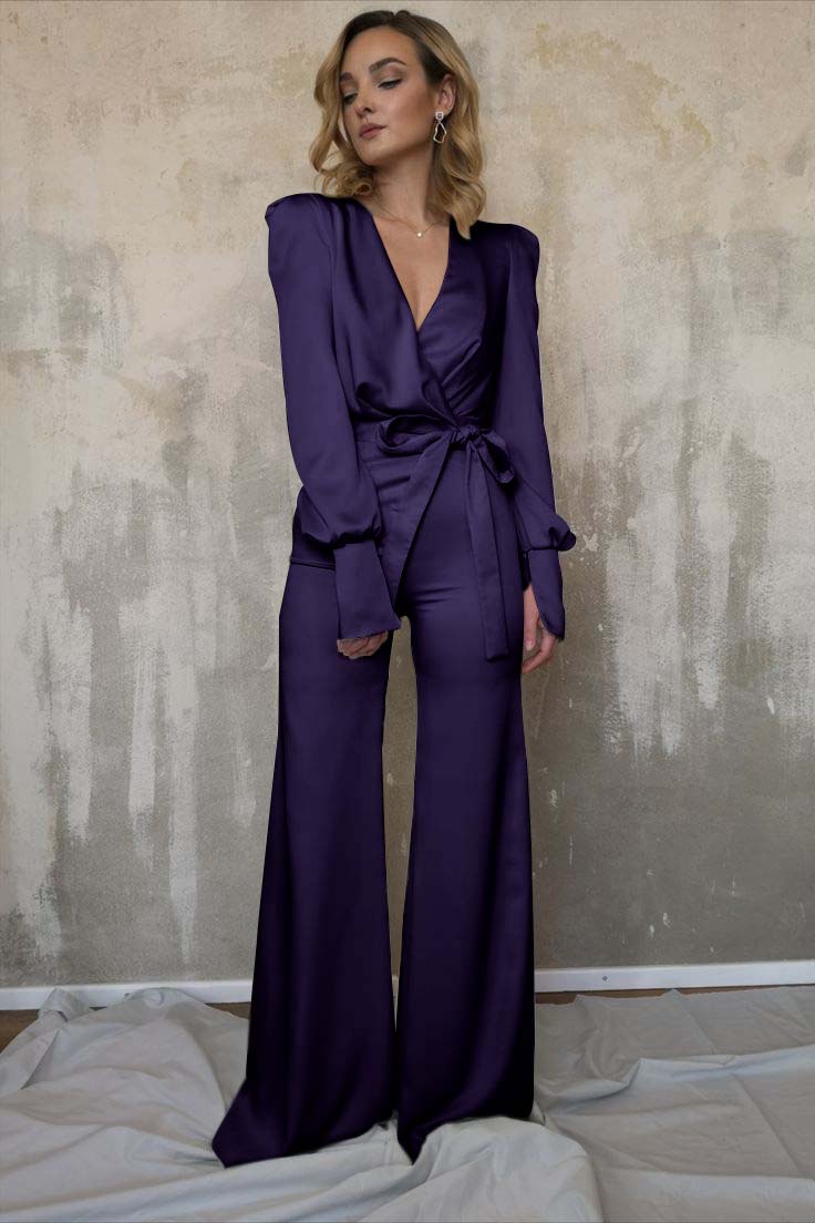 White Women's V-Neck Jacket Top Jumpsuit | Ballbella