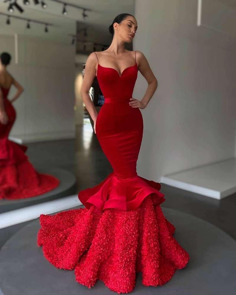 Red Chic Long Mermaid Sweetheart Prom Dress with Spaghetti Straps | Ballbella