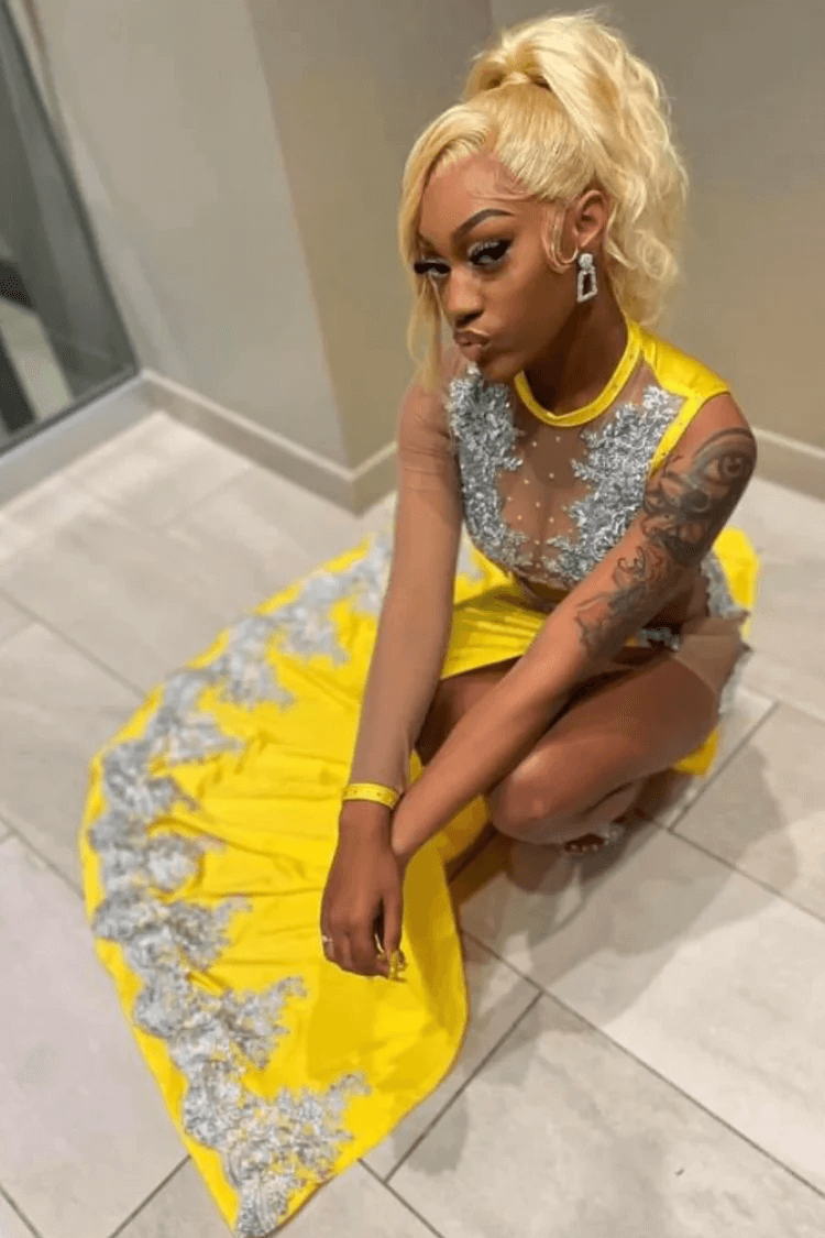 Glamorous Yellow Beaded Appliques Prom Dress with Split | Ballbella