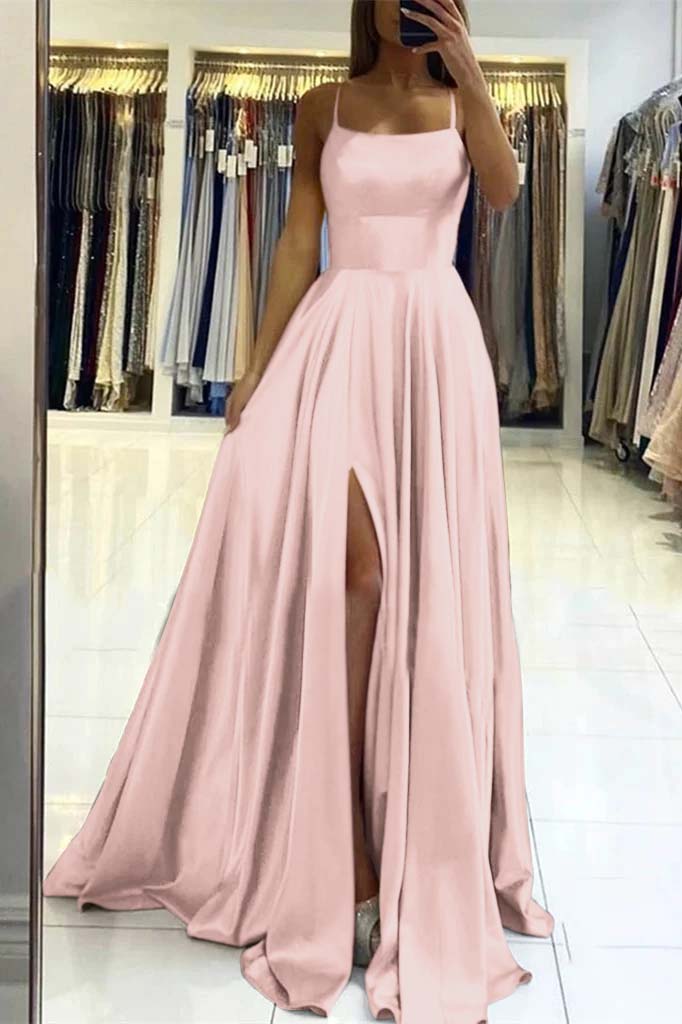 Pink Spaghetti-Strap Prom Dress with Slit | Ballbella