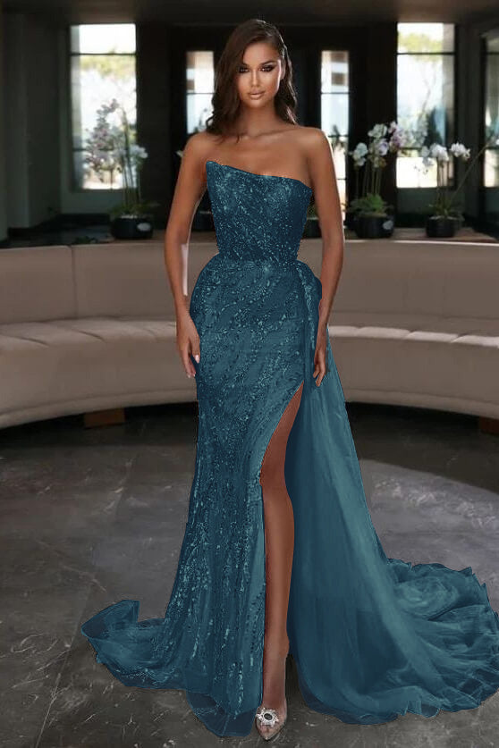 Strapless Light Pink Mermaid Sequins Prom Dress with Split and Ruffles | Ballbella