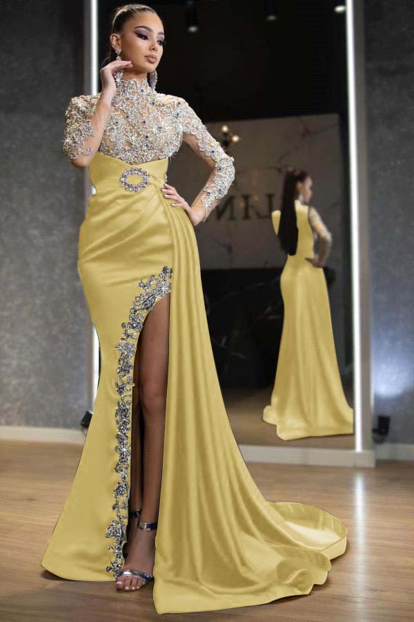 Royal Blue Beaded Long-Sleeve Mermaid Prom Dress with Split and Ruffles | Ballbella