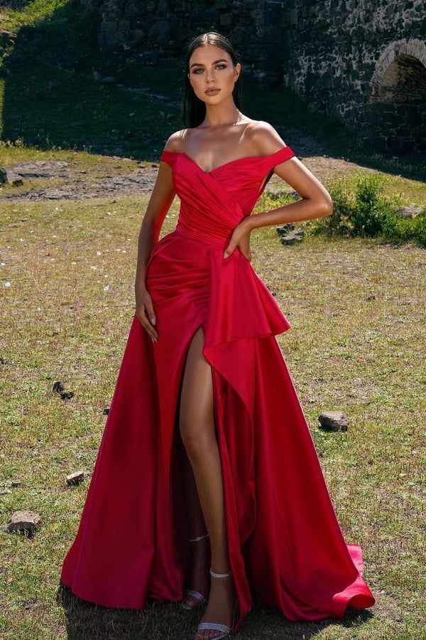 Off-the-Shoulder Red Mermaid Prom Dress with Split | Ballbella