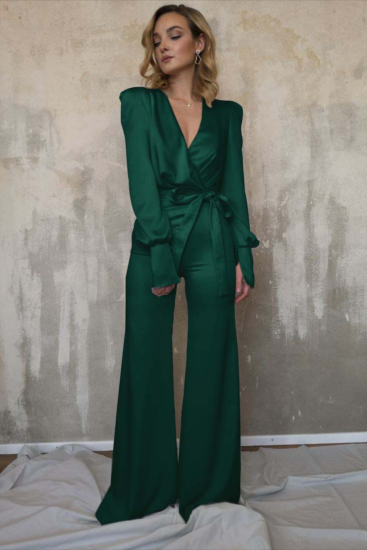 White Women's V-Neck Jacket Top Jumpsuit | Ballbella