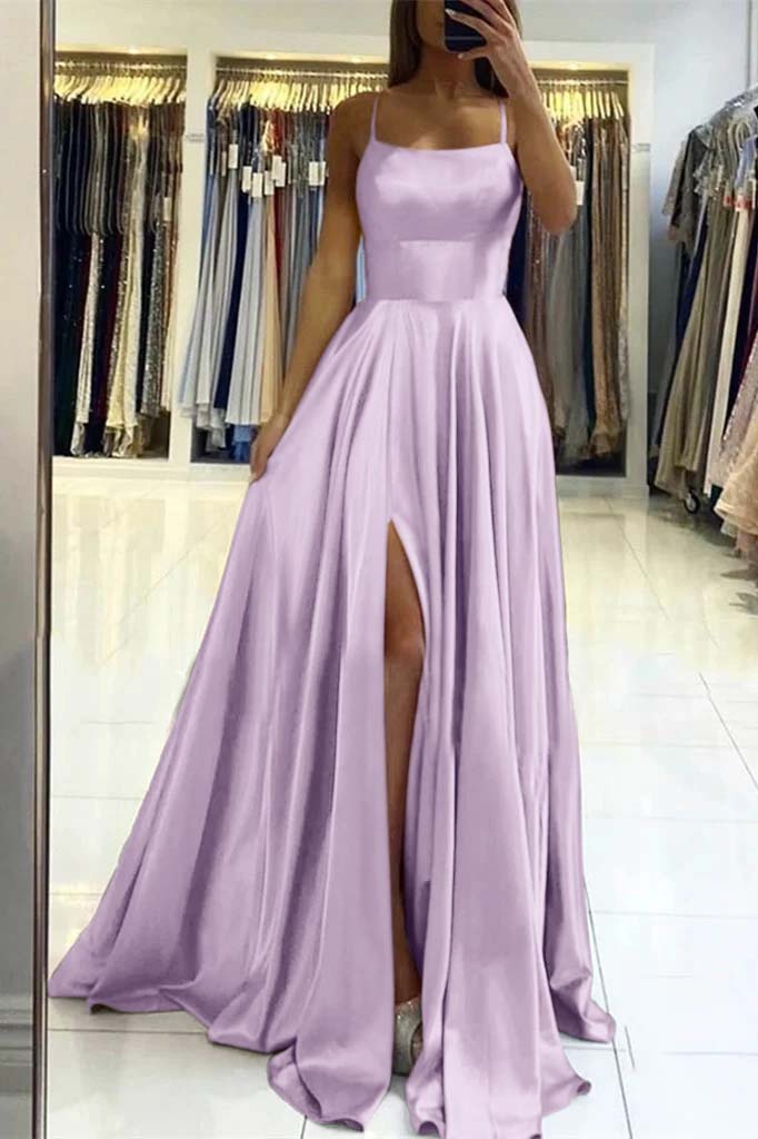 Pink Spaghetti-Strap Prom Dress with Slit | Ballbella