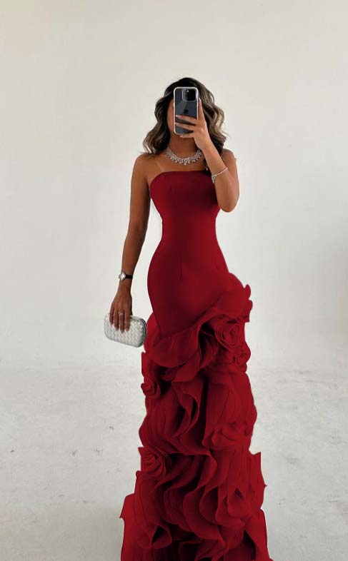 Amazing Dusty Blue Satin Strapless Prom Dress with Ruffles | Ballbella