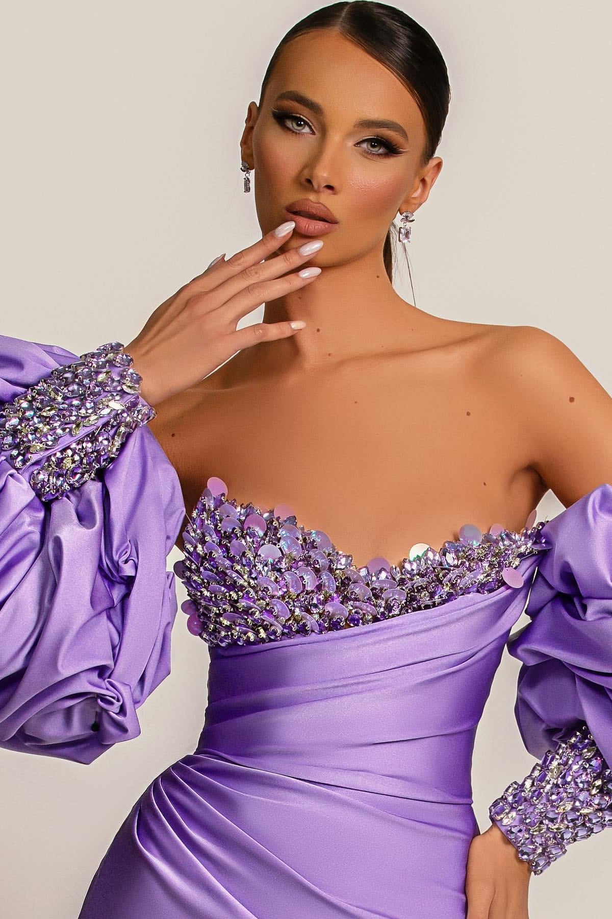 Purple Long-Sleeve Beaded Mermaid Evening Dress with Sequins | Ballbella