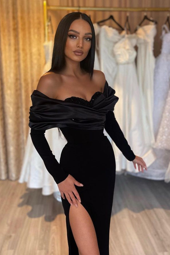 Off-the-Shoulder Black Beaded Sweetheart Evening Dress with Long Sleeves Mermaid Style | Ballbella