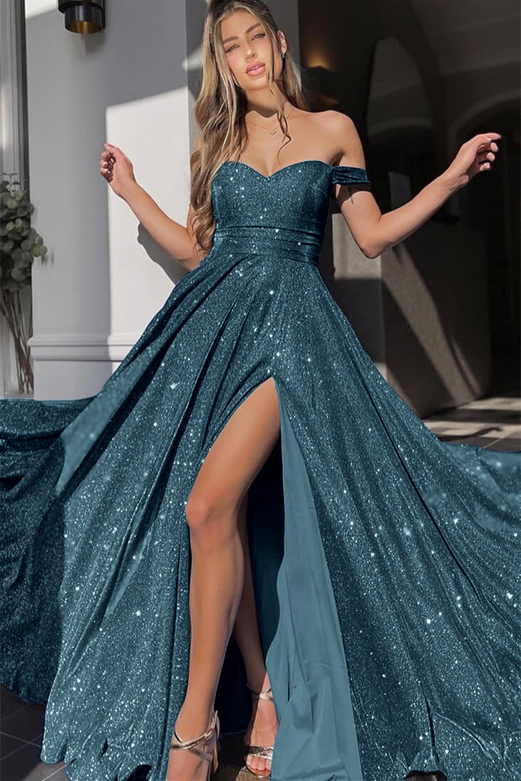 Off-the-Shoulder V-Neck Mermaid Front Split Evening Dress with Sequins | Ballbella
