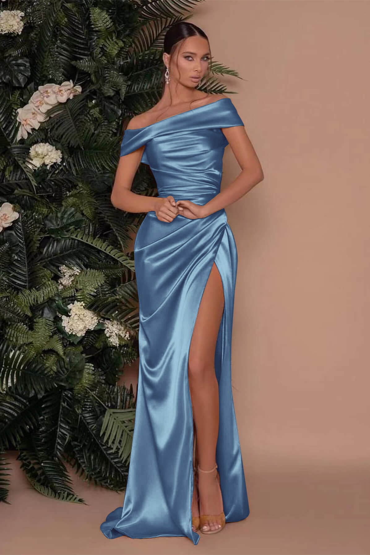 Off-the-Shoulder Champagne Charmeuse Prom Dress with Split Mermaid | Ballbella