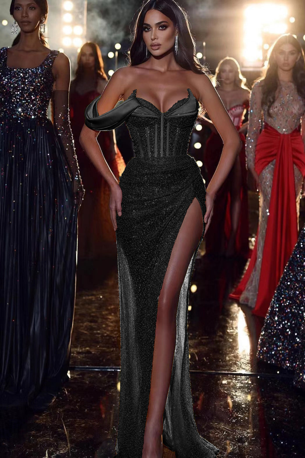 Yellow One-Shoulder Sweetheart Mermaid Evening Dress with Sequins & Split | Ballbella
