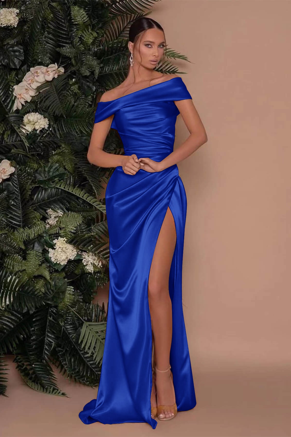 Off-the-Shoulder Champagne Charmeuse Prom Dress with Split Mermaid | Ballbella