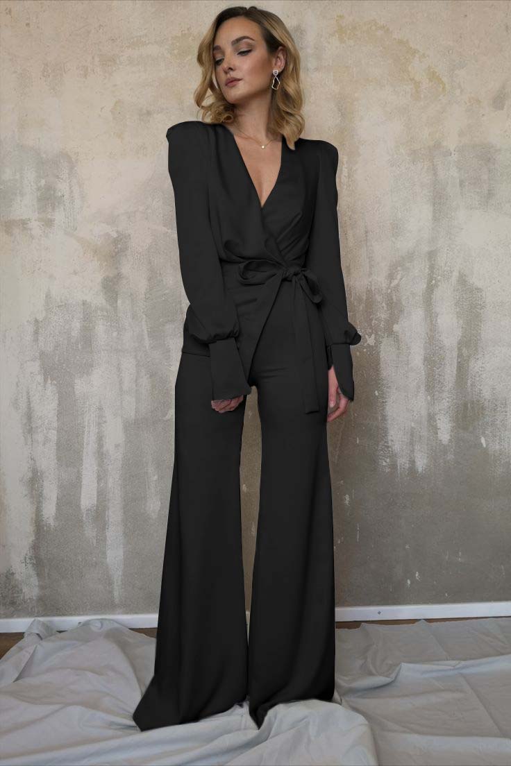 White Women's V-Neck Jacket Top Jumpsuit | Ballbella