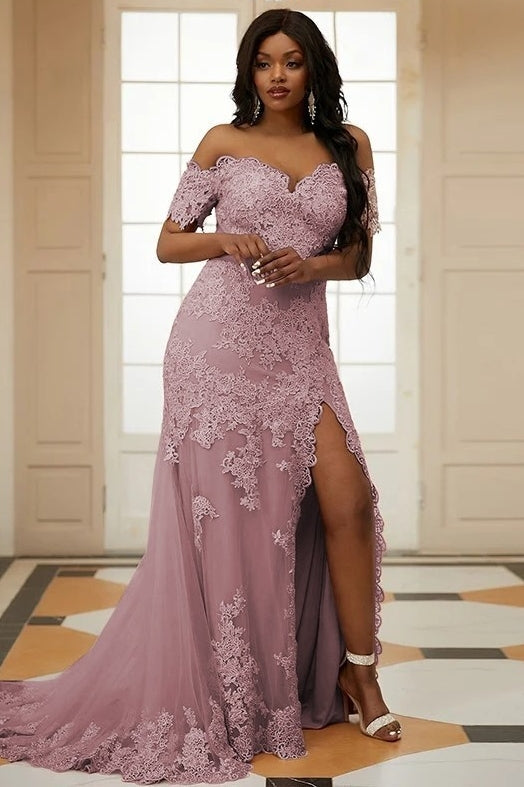 pink prom dresses off the shoulder Pink Off Shoulder Tulle Appliques Side Slit Bespoke Prom Dresses