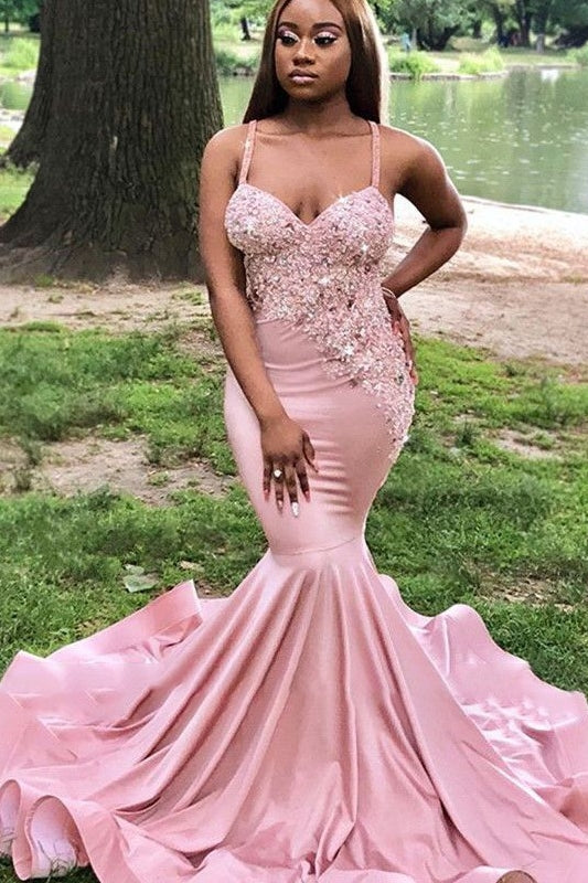 blush pink prom dresses mermaid BABARONI BABARONI Stretch Satin Pearl Pink Prom Dresses Trumpet/Mermaid V-neck Spaghetti Straps Rhinestone Appliqued, Pearl Pink / US0