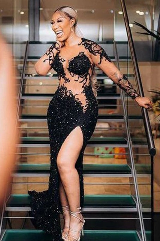 Sexy Black Long Sleeves Appliques Sequins Side Slit Prom Dress