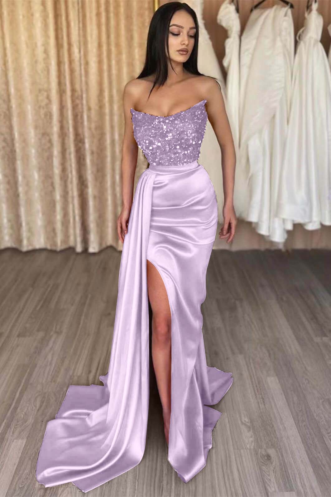 Red Strapless Elegant Sequins Long Prom Dress Mermaid with Split | Ballbella