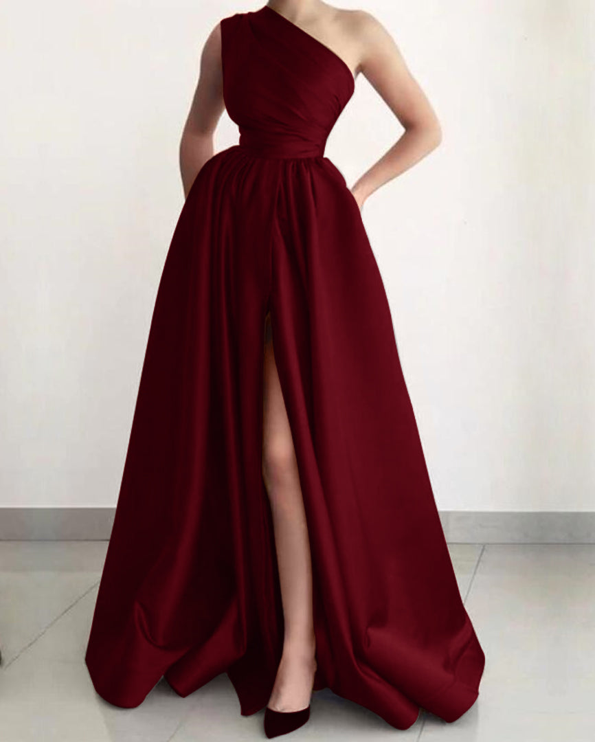 Burnt Orange A-Line Split Elegant Prom Dress with One Shoulder and Pockets | Ballbella