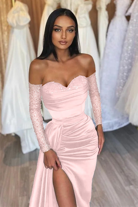 Sweetheart Long-Sleeve Black Beaded Evening Dress with Off-the-Shoulder Mermaid Style | Ballbella