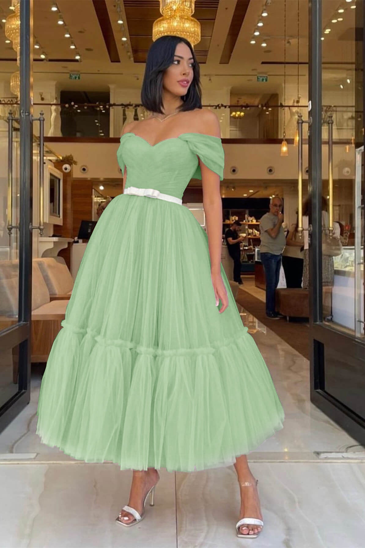 Sweetheart Light Pink Off-the-Shoulder Tulle Prom Dress with Belt | Ballbella