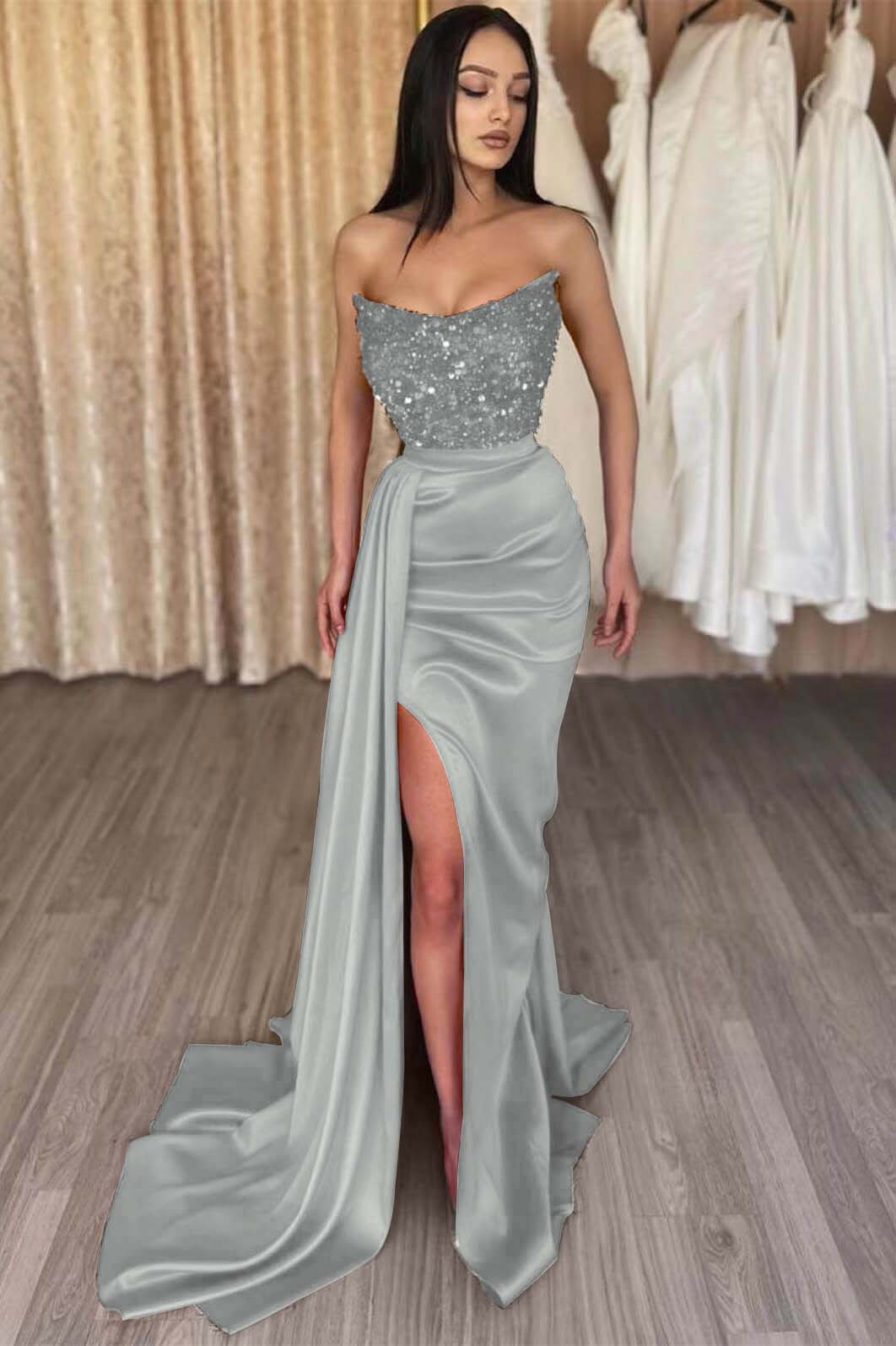 Red Strapless Elegant Sequins Long Prom Dress Mermaid with Split | Ballbella