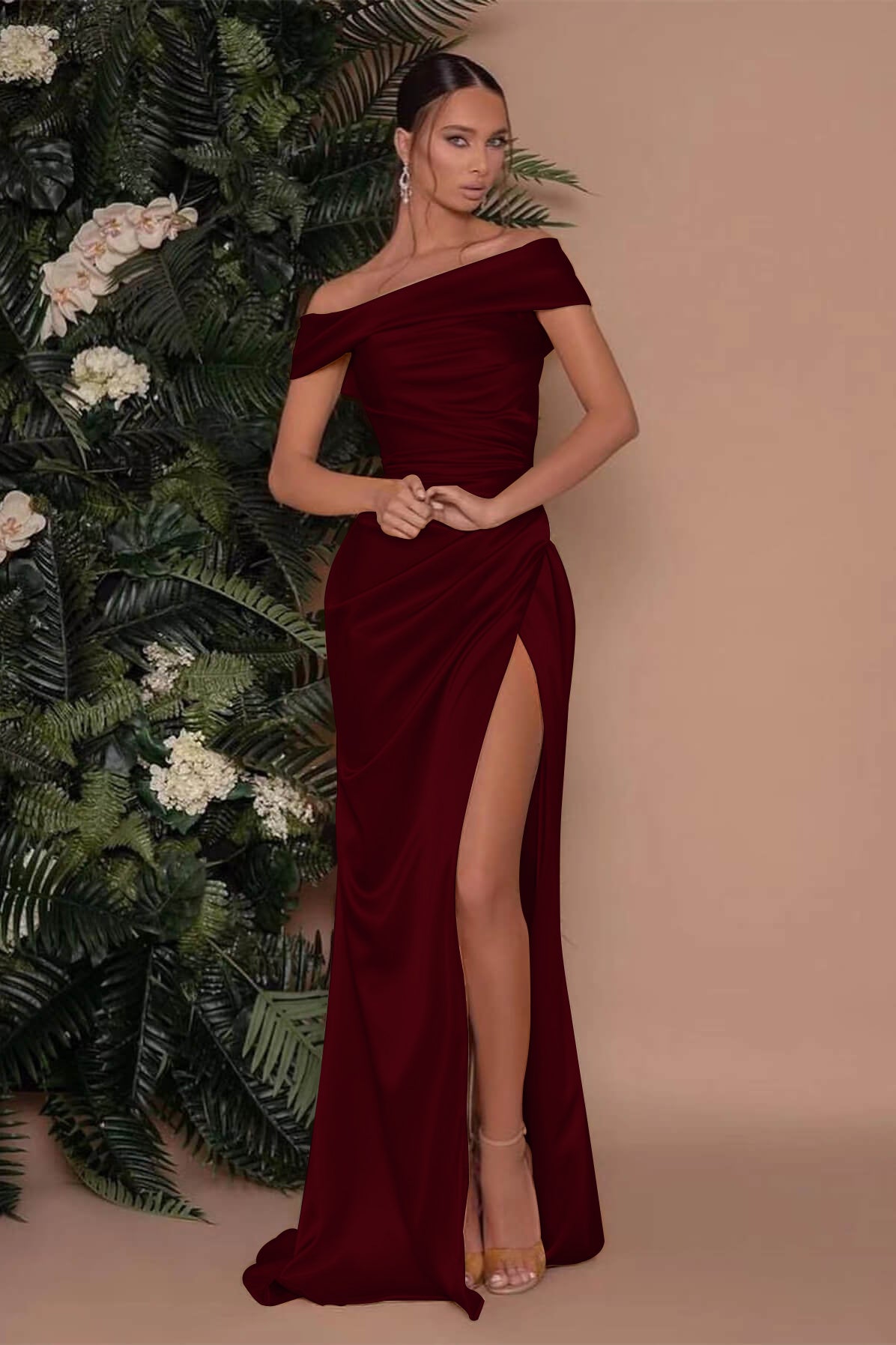 Off-the-Shoulder Champagne Charmeuse Prom Dress with Split Mermaid | Ballbella