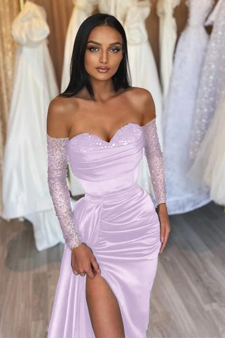 Sweetheart Long-Sleeve Black Beaded Evening Dress with Off-the-Shoulder Mermaid Style | Ballbella