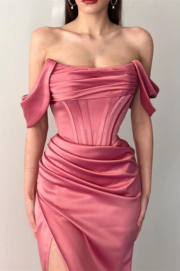 Off-the-Shoulder Pleated Dusty Rose Mermaid Prom Dress with Split | Ballbella