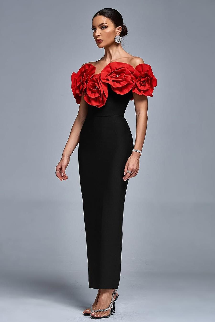 Exquisite Black Sleeveless Off-the-Shoulder Mermaid Prom Dress with Flower | Ballbella