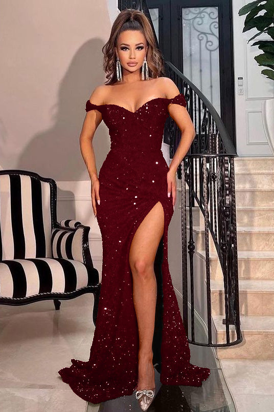 Off-the-Shoulder Red Sweetheart Sequins Mermaid Prom Dress with Split | Ballbella