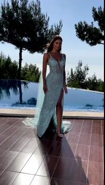 Sky Blue Spaghetti-Strap Mermaid V-Neck Prom Dress with Sequins and Beadings | Ballbella