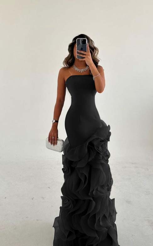 Amazing Dusty Blue Satin Strapless Prom Dress with Ruffles | Ballbella