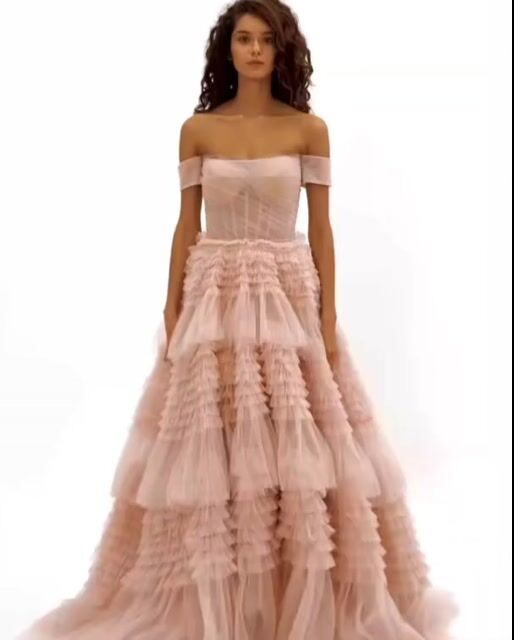 Amazing Blushing Pink Tulle Off-the-Shoulder Strapless Puffy Prom Dress with Ruffles | Ballbella