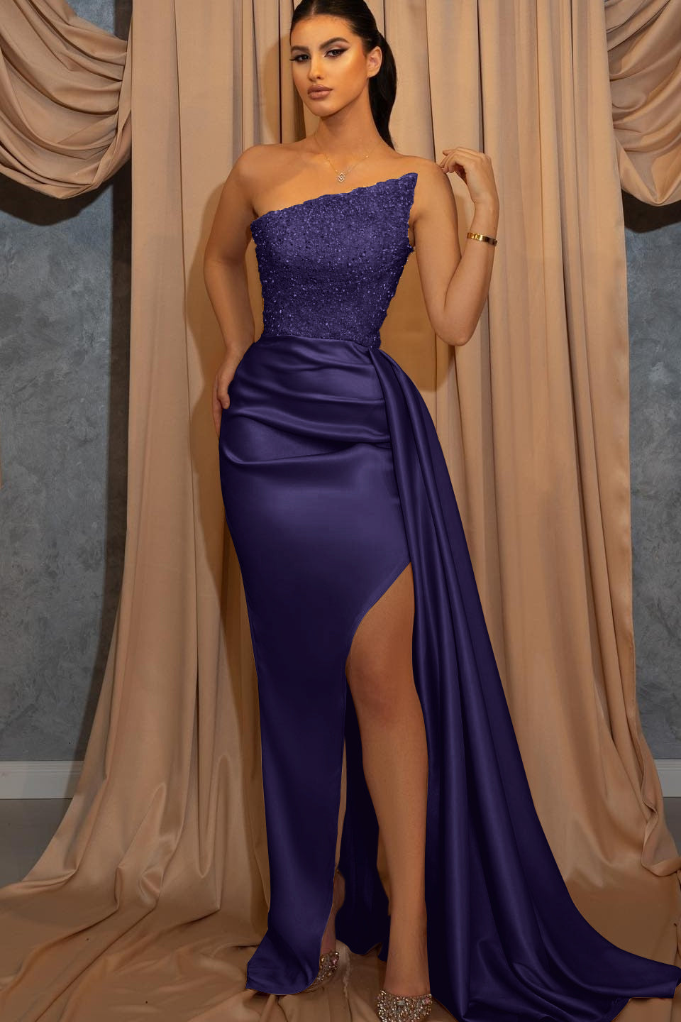 Sleeveless Champagne Sequins Prom Dress with Split and Ruffles | Ballbella