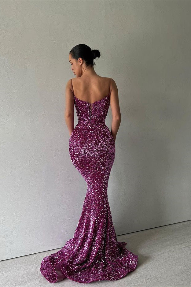 Spaghetti-Strap Purple Long Evening Dress Mermaid with Sequins | Ballbella