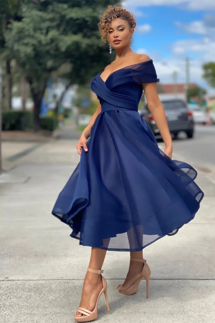 Off-the-Shoulder Short Burgundy Evening Dress with A-Line | Ballbella